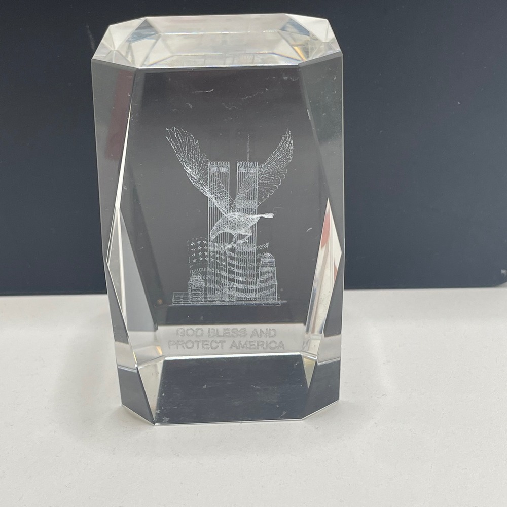 God Bless America 3D Laser Etched Glass Paperweight Twin Towers Eagle 3 Inch USA